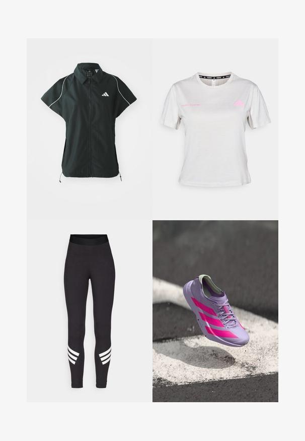 adidas Sportswear STADIUM COVER - Veste sans manches - black/off-white; T-shirt gris clair à manches courtes avec un col rond, "ADIDAS RUNNING" imprimé en rose, avec le logo Adidas rose sur la poitrine. Texture de tissu doux.; Leggings noirs en tissu extensible, dotés d'une large taille élastique et de trois rayures blanches horizontales près des bas des jambes.; Chaussure de course violet clair avec des rayures et des accents roses, dotée d'un design élégant, d'une tige texturée et d'un col rembourré. Flottant au-dessus d'une surface.