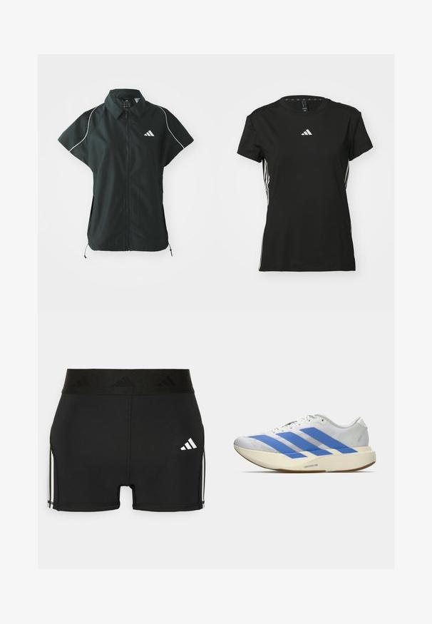 adidas Sportswear STADIUM COVER - Vest - black/off-white; Sort athletic t-shirt med korte ærmer, lavet af syntetisk materiale. Har et lille hvidt logo på brystet og hvide striber på siderne.; Sorte atletiske shorts lavet af strækbart materiale. Har en bred sort talje med præget logo og hvide sidestriber.; Hvid løbesko med tre blå striber, lys beige tyk sål mærket "Lightstrike Pro," og hvide snørebånd på en ensfarvet baggrund.