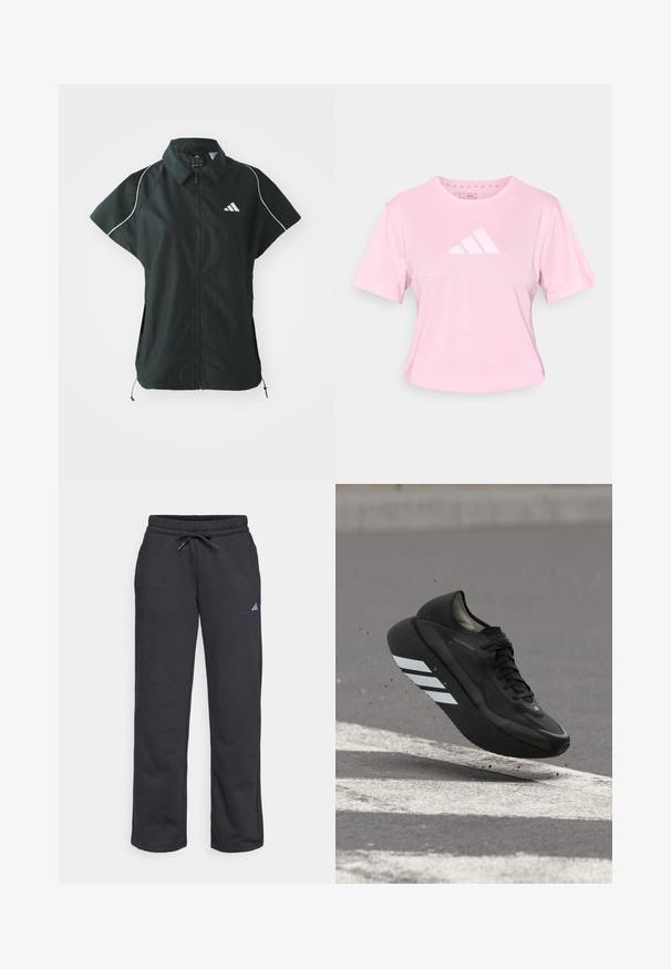 adidas Sportswear STADIUM COVER - Bodywarmer - black/off-white; Roze katoenen T-shirt met korte mouwen, ronde halslijn en een wit driehoekig logo op de voorkant. Heeft een cropped ontwerp en een zachte textuur.; Zwarte joggingsbroek gemaakt van zachte stof, met een elastische tailleband, trekkoord en een klein logo op het linkerbeen.; Zwarte hardloopschoen met witte strepen op de zool, zwevend boven asfalt met witte wegmarkeringen, waarbij kleine stukjes omhoog worden gestoten.