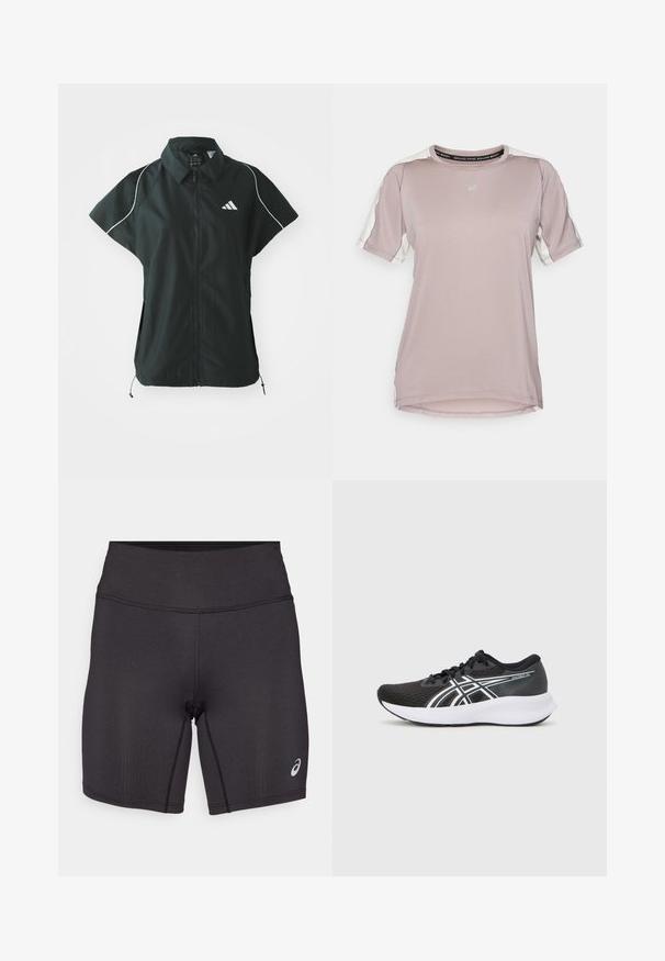 adidas Sportswear STADIUM COVER - Vest - black/off-white; ASICS FUJITRAIL ELITE TOP - Sports T-shirts - rainstorm grey/cream; Sorte atletiske shorts med en glat tekstur, tætsiddende design og høj talje. Har kontrasterende syninger og et lille logo på underbenet.; Sorte atletiske sko med en tekstureret mesh-overdel, hvide accenter og en polstret hvid sål. Har et logo på siden og snørebånd.
