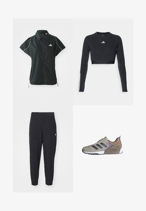 adidas Sportswear STADIUM COVER - Bodywarmer - black/off-white; Zwart geknipt langemouwen workout top van gladde stof. Bevat een wit logo op de borst en gestreepte accenten op de mouwen.; Zwarte sportbroek gemaakt van een gladde stof. Tapervormig ontwerp met elastische boorden. Voorzien van een klein wit logo op de linkerheup.; Beige sportieve schoen met grijze accenten, textuur-mesh bovenwerk, gevoerd randje en een dual-density zool met een gestructureerd ontwerp en paarse details.