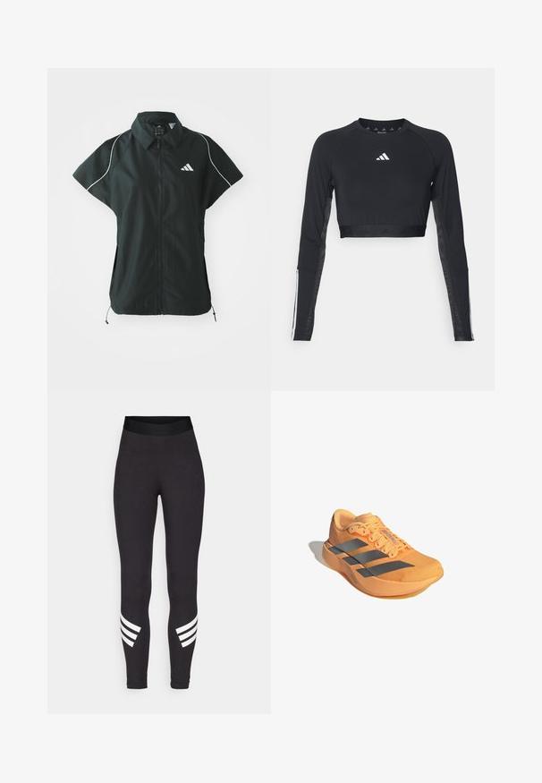 adidas Sportswear STADIUM COVER - Vest - black/off-white; Sort cropped træningstop med lange ærmer lavet af glat stof. Har et hvidt logo på brystet og stribede detaljer på ærmerne.; Sorte leggings lavet af strækbart materiale, med en bred talje og tre hvide vandrette striber nær de nederste ben.; Adizero løbesko i lys orange med et struktureret overdel, tre grå striber og en let sål for forbedret ydeevne.