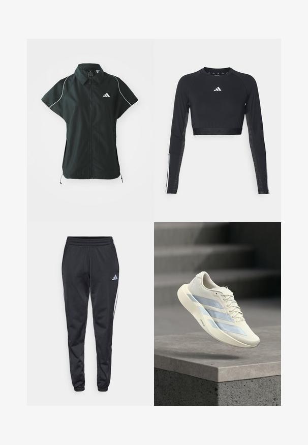 adidas Sportswear STADIUM COVER - Γιλέκο - black/off-white; Μαύρος κοντός μανίκι επαγγελματικός τοπ από απαλό ύφασμα. Διαθέτει λευκό λογότυπο στο στήθος και ριγέ λεπτομέρειες στους μανίκια.; Μαύρο αθλητικό παντελόνι με ελαστική μέση, κωνικά πόδια και λευκές ρίγες στο πλάι. Διαθέτει ένα μικρό γκρι λογότυπο τριφύλλι στο αριστερό μπούστο.; Λευκό αθλητικό παπούτσι με μπλε ρίγες, δεμένα κορδόνια, αιωρείται πάνω από μια τσιμεντένια άκρη με φόντο μια θολή σκάλα.