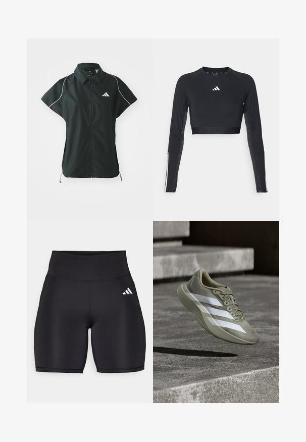 adidas Sportswear STADIUM COVER - Γιλέκο - black/off-white; Μαύρος κοντός μανίκι επαγγελματικός τοπ από απαλό ύφασμα. Διαθέτει λευκό λογότυπο στο στήθος και ριγέ λεπτομέρειες στους μανίκια.; Μαύρα αθλητικά σορτς από ελαστικό ύφασμα, με ψηλό μέσο, απαλό υφή και λευκό λογότυπο με τρεις ρίγες στο πλάι.; Ελαφρύ παπούτσι για τρέξιμο σε ελαιώδη πράσινο με λευκές ρίγες, υφασμένο πάνω μέρος και διακριτικό ανθικό μοτίβο στη μύτη. Μαλακή σόλα για άνεση.