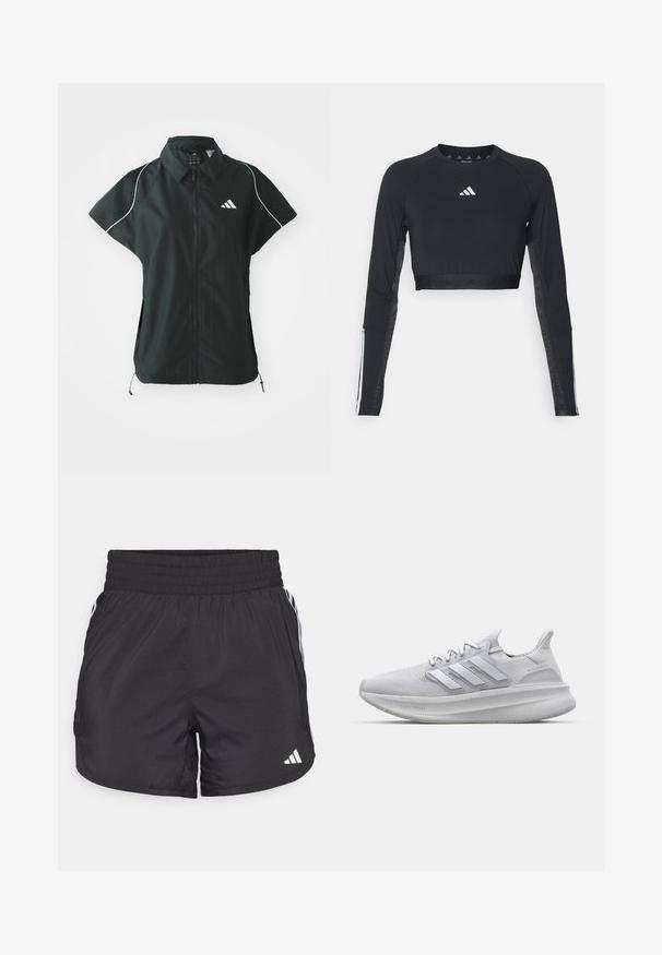 adidas Sportswear STADIUM COVER - Γιλέκο - black/off-white; Μαύρος κοντός μανίκι επαγγελματικός τοπ από απαλό ύφασμα. Διαθέτει λευκό λογότυπο στο στήθος και ριγέ λεπτομέρειες στους μανίκια.; Μαύρα αθλητικά σορτς με ελαστική μέση, πλαϊνές τσέπες και άσπρες ρίγες στα πλάγια. Φτιαγμένα από ελαφρύ υλικό.; Λευκό αθλητικό παπούτσι με υφή από διχτυωτό ύφασμα, τρισδιάστατες ρίγες στο πλάι και παχύ πάτο με την ένδειξη 'LIGHT BOOST.'