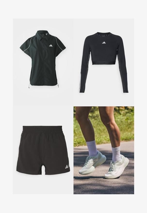 adidas Sportswear STADIUM COVER - Chaleco - black/off-white; Top de entrenamiento negro recortado de manga larga hecho de una tela suave. Presenta un logo blanco en el pecho y acentos a rayas en las mangas.; Pantalones cortos deportivos negros de tejido ligero. Cuentan con una cinturilla elástica, un bolsillo lateral con cremallera y un logotipo reflectante en el dobladillo.; Zapatillas deportivas de un suave verde menta, con textura lisa, puntera redondeada y suela gruesa. Combinadas con calcetines blancos hasta el tobillo, mostradas en movimiento por un sendero.