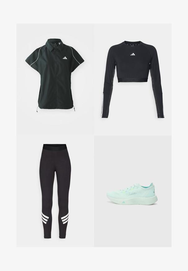 adidas Sportswear STADIUM COVER - Vesta - black/off-white; Čierny krátky športový top s dlhým rukávom vyrobený z hladkej textílie. Obsahuje biele logo na hrudi a pruhované detaily na rukávoch.; Čierne legíny vyrobené z elastického materiálu, s širokým pásom a tromi bielymi horizontálnymi pruhmi blízko dolnej časti nôh.; Svetlomodrá bežecká obuv s sieťovinovým zvrškom, textúrovanou podrážkou a polstrovaným golierom. Obsahuje neonové akcenty a aerodynamický dizajn.