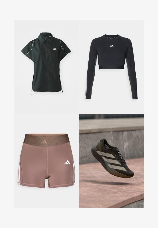 adidas Sportswear STADIUM COVER - Veste sans manches - black/off-white; Haut d'entraînement noir à manches longues et coupé, en tissu lisse. Présente un logo blanc sur la poitrine et des accents rayés sur les manches.; Shorts de sport marron avec une large ceinture texturée. Dotés d'accents à trois rayures blanches sur les côtés et d'un petit logo blanc.; Chaussure de course marron avec une tige texturée, présentant de larges bandes blanches, des lacets noirs et une semelle lisse, affichée en position flottante.