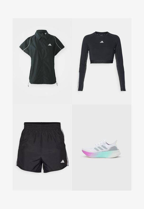 adidas Sportswear STADIUM COVER - Vesta - black/off-white; Čierny krátky športový top s dlhým rukávom vyrobený z hladkej textílie. Obsahuje biele logo na hrudi a pruhované detaily na rukávoch.; Čierne športové šortky s elastickým pásom, bočnými rozparkami a bielymi trojpruhmi. Obsahujú malé biele logo v dolnom pravom rohu.; Biela bežecká obuv Adidas so sivými pruhmi a hrubou podrážkou prechádzajúcou z ružovej do zelenej, obsahujúca nápisy "Lightboost" a "Ultraboost".