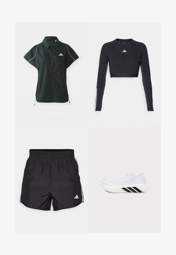 adidas Sportswear STADIUM COVER - Γιλέκο - black/off-white; Μαύρος κοντός μανίκι επαγγελματικός τοπ από απαλό ύφασμα. Διαθέτει λευκό λογότυπο στο στήθος και ριγέ λεπτομέρειες στους μανίκια.; Μαύρα αθλητικά σορτς με ελαστική μέση, πλαϊνές σχισμές και λευκές τρεις ρίγες. Διαθέτει ένα μικρό λευκό λογότυπο στο κάτω δεξί μέρος.; Λευκό αθλητικό παπούτσι με χοντρή σόλα, μαύρες διαγώνιες ρίγες στη μεσαία σόλα, υφασμάτινο επάνω μέρος και κορδόνια, εμφανιζόμενο από το πλάι σε απλό φόντο.