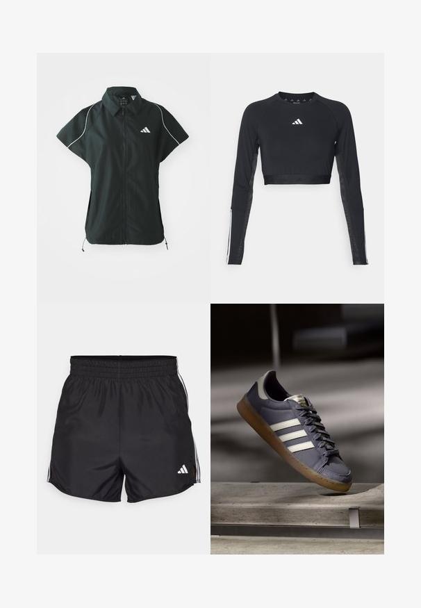 adidas Sportswear STADIUM COVER - Vesta - black/off-white; Čierny krátky športový top s dlhým rukávom vyrobený z hladkej textílie. Obsahuje biele logo na hrudi a pruhované detaily na rukávoch.; Čierne športové šortky s elastickým pásom, bočnými rozparkami a bielymi trojpruhmi. Obsahujú malé biele logo v dolnom pravom rohu.; Sivé tenisky s bielymi pruhmi. Kožený zvršok, textúrovaná špička a gumená podrážka. Disponujú predným šnurovaním a polstrovaným golierom pre pohodlie.