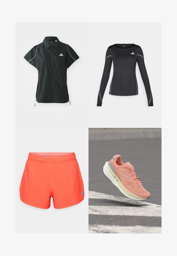adidas Sportswear STADIUM COVER - Γιλέκο - black/off-white; Μαύρο αθλητικό μπλουζάκι με μακριά μανίκια και στρογγυλή λαιμόκοψη, με ανακλαστική ασημένια ραφή. Διαθέτει μικρό λευκό λογότυπο στην επάνω αριστερή πλευρά.; Ανδρικά σορτς τρεξίματος σε φωτεινό κοραλί, κατασκευασμένα από αναπνεύσιμο ύφασμα με διάτρητη υφή. Διαθέτουν ελαστική μέση και μπλε λογότυπο.; Ανοιχτό ροζ αθλητικό παπούτσι New Balance με λευκή σόλα, αιωρούμενο πάνω από μια γκρίζα επιφάνεια ασφάλτου με λευκές οδικές σημάνσεις.