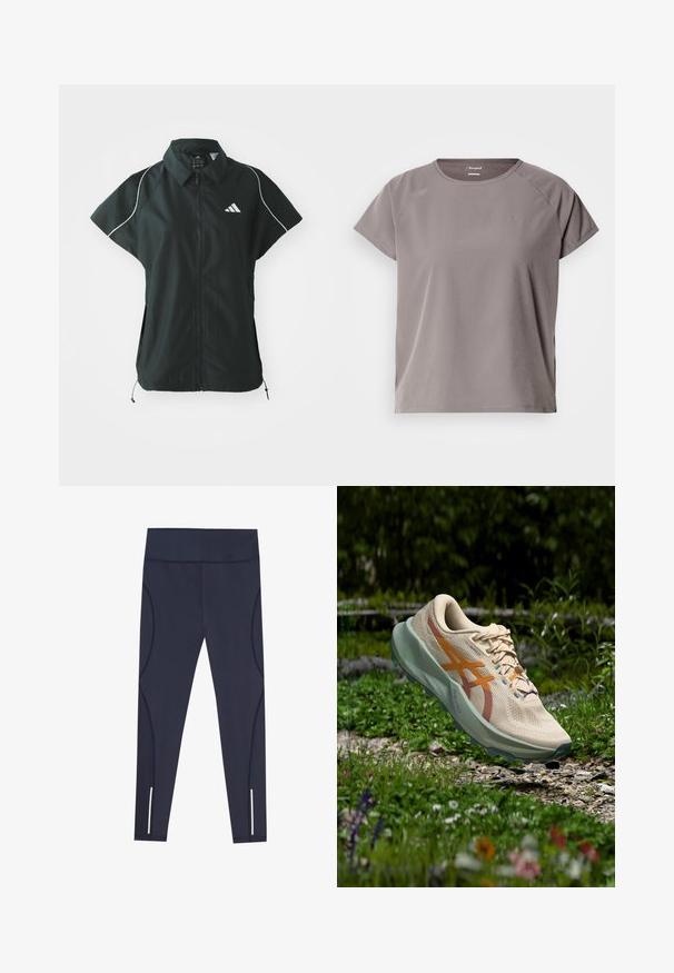 adidas Sportswear STADIUM COVER - Vest - black/off-white; Lysegrå sportstshirt med korte ærmer, rund halsudskæring, glat tekstur og sideslidser for nem bevægelse. Har logo på brystet.; Navy blå leggings lavet af strækbart stof, med en høj talje og buede sidesømme, samt reflekterende detaljer ved anklerne.; Beige trail løbesko med orange accenter og tyk grøn sål, der svæver over en stenet og græsbevokset udendørs sti.