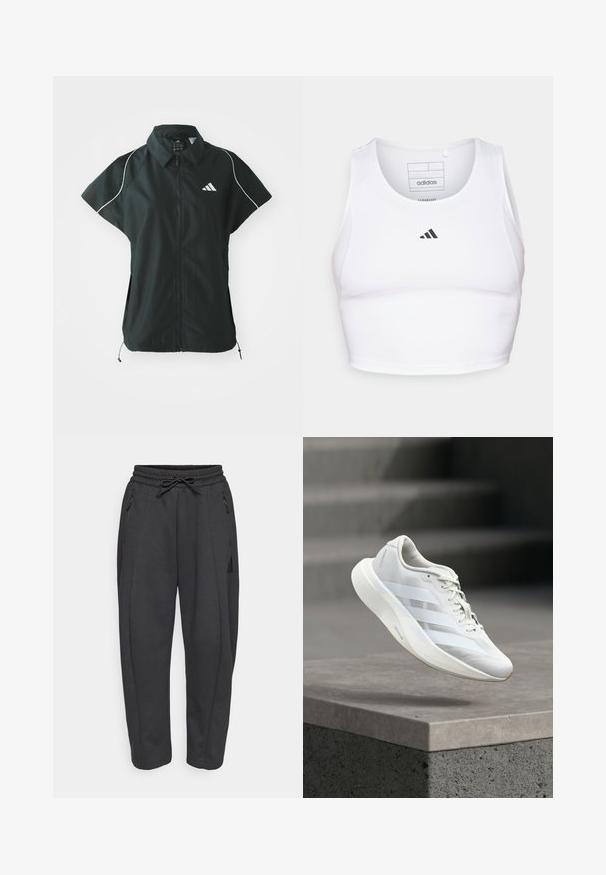 adidas Sportswear STADIUM COVER - Vest - black/off-white; Hvid atletisk crop top lavet af letvægts, åndbart stof. Har mesh-sider og sort broderet logo på brystet.; Sorte træningsbukser med elastisk talje, snor, sidelommer med lynlås og tapered ben. Fremstillet af et blødt, struktureret stof.; Hvid atletiksko med en struktureret overlæder, tre laterale striber, polstret sål og rundet tå, placeret over en betongulv.