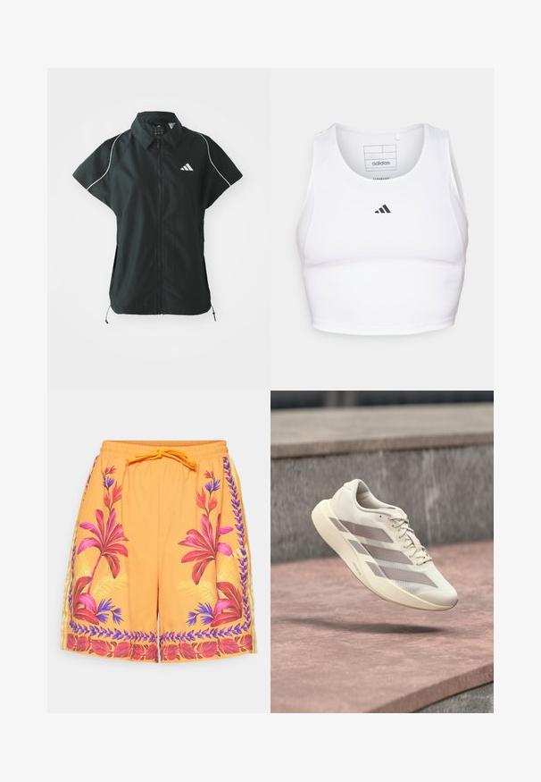 adidas Sportswear STADIUM COVER - Vesta - black/off-white; Biely športový crop top vyrobený z ľahkej, priedušnej tkaniny. Obsahuje sieťované bočné panely a čierne vyšitý logo na hrudi.; Oranžové plavkové šortky s kvetinovými vzormi v ružovej, fialovej a zelenej farbe. Elastický pás so šnúrkou. Ľahká, textúrovaná tkanina.; Behajúca topánka krémovej farby s taupe pruhmi vznášajúca sa nad povrchom z červenohnedých dlaždíc a sivým kamenným pozadím.