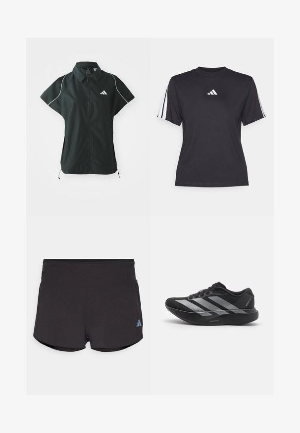 adidas Sportswear STADIUM COVER - Vesta - black/off-white; Čierne športové tričko vyrobené z mäkkého materiálu, s klasickým okrúhlym výstrihom, krátkymi rukávmi a tromi bielymi pruhmi na každom ramene. Biely logo na hrudi.; Čierne športové šortky s textúrovaným povrchom, so širokým pásom a svetlomodrým logom Adidas na dolnej ľavej strane.; Čierne bežecké topánky so striebornými pruhmi, s hrubou polstrovanou podrážkou označenou "Lightstrike Pro," bočný pohľad na bielom pozadí.