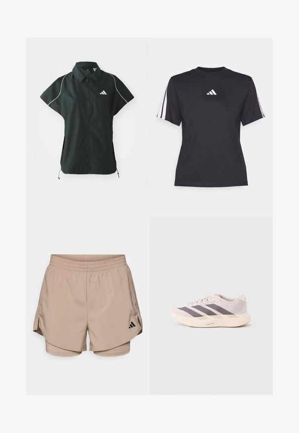 adidas Sportswear STADIUM COVER - Vesta - black/off-white; Čierne športové tričko vyrobené z mäkkého materiálu, s klasickým okrúhlym výstrihom, krátkymi rukávmi a tromi bielymi pruhmi na každom ramene. Biely logo na hrudi.; Béžové športové šortky s pásom, s bočnými rozparkami a vnútornými šortkami. Čierne logo Adidas na spodnej ľavej strane. Hladká textúra látky.; Ľahké športové tenisky v bledoružovej a šedej farbe, s priedušným sieťovaným zvrškom, troma tmavými pásmi a hrubou krémovou podrážkou označenou "LIGHTSTRIKE PRO".