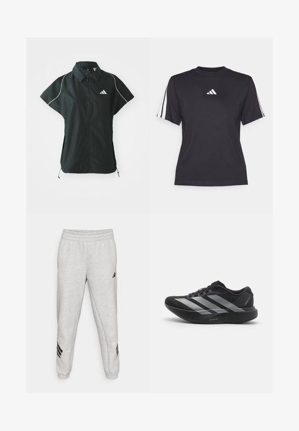adidas Sportswear STADIUM COVER - Vesta - black/off-white; Čierne športové tričko vyrobené z mäkkého materiálu, s klasickým okrúhlym výstrihom, krátkymi rukávmi a tromi bielymi pruhmi na každom ramene. Biely logo na hrudi.; Svetlo sivé tepláky s rebrovaným elastickým pásom, zúženými nohavicami a tromi čiernymi diagonálnymi pruhmi blízko koncov nohavíc. Hladká textúra.; Čierne bežecké topánky so striebornými pruhmi, s hrubou polstrovanou podrážkou označenou "Lightstrike Pro," bočný pohľad na bielom pozadí.