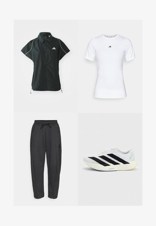 adidas Sportswear STADIUM COVER - Bodywarmer - black/off-white; Witte sportshirt met korte mouwen, gemaakt van zachte, rekbare stof. Voorzien van een klein zwart Adidas-logo op de borst.; Zwarte sportbroeken met een elastische tailleband, trekkoord, zijzakken met rits en taps toelopende benen. Gemaakt van een zachte, gestructureerde stof.; Witte hardloopschoen met zwart drie-strepen ontwerp aan de zijkant en dikke witte zool met label "Lightstrike Pro" op een effen achtergrond.