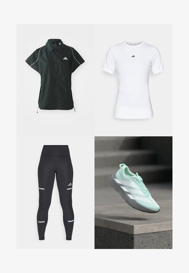 adidas Sportswear STADIUM COVER - Vest - black/off-white; Hvid atletisk skjorte med korte ærmer, lavet af glat, strækbart stof. Har et lille sort Adidas-logo på brystet.; Sorte leggings med høj talje, lavet af glat materiale. Har hvide reflekterende striber nær knæene og et Adidas-logo.; Lyseblå løbesko med hvide striber og grå sål, der svæver over et betontrin med slørede trapper i baggrunden.