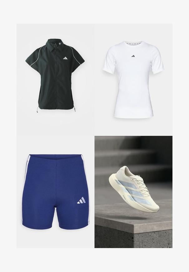 adidas Sportswear STADIUM COVER - Bodywarmer - black/off-white; Witte sportshirt met korte mouwen, gemaakt van zachte, rekbare stof. Voorzien van een klein zwart Adidas-logo op de borst.; Marineblauwe sportshorts gemaakt van rekbaar stof met witte laterale strepen en een reflecterend Adidas-logo op het linkerbeen.; Witte sportschoen met blauwe strepen, veters gestrikt, zwevend boven een betonnen richel tegen een vervaagde achtergrond van een trap.