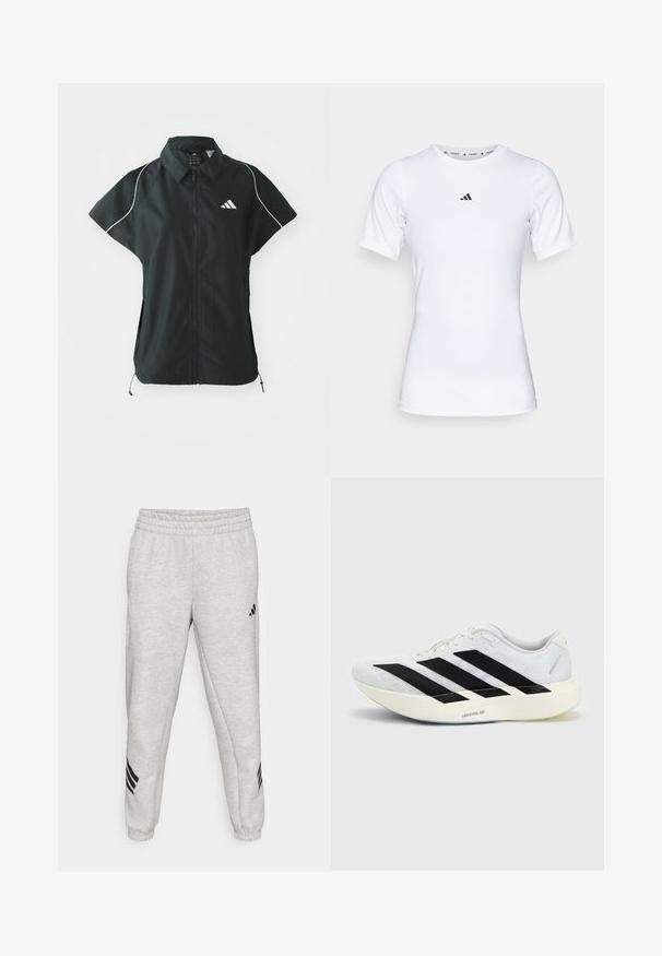 adidas Sportswear STADIUM COVER - Weste - black/off-white; Weißes Sportshirt mit kurzen Ärmeln, aus glattem, dehnbarem Stoff. Mit kleinem schwarzem Adidas-Logo auf der Brust.; Hellgraue Jogginghose mit einem gerippten elastischen Bund, schmal zulaufenden Beinen und drei schwarzen diagonalen Streifen nahe den Bündchen. Glatte Textur.; Weißer Laufschuh mit schwarzem Drei-Streifen-Design an der Seite und dicker weißer Sohle mit der Aufschrift "Lightstrike Pro" auf einfarbigem Hintergrund.