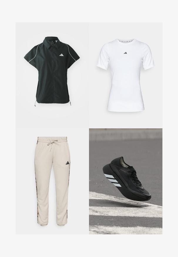 adidas Sportswear STADIUM COVER - Chaleco - black/off-white; Camiseta deportiva blanca de manga corta, hecha de una tela suave y elástica. Presenta un pequeño logo negro de Adidas en el pecho.; Pantalones de chándal color beige claro, confeccionados en un tejido suave, con una cintura ajustable con cordón y paneles laterales negros con un patrón de estampado de leopardo.; Zapatilla de correr negra con rayas blancas en la suela, suspendida sobre el asfalto con señalizaciones viales blancas, levantando pequeños escombros.