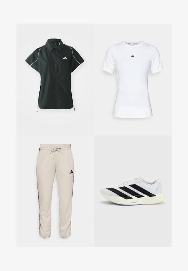 adidas Sportswear STADIUM COVER - Bodywarmer - black/off-white; Witte sportshirt met korte mouwen, gemaakt van zachte, rekbare stof. Voorzien van een klein zwart Adidas-logo op de borst.; Lichtbeige sweatpants van zacht materiaal, met een trekkoord in de taille en zwarte zijpanelen met een luipaardpatroon.; Witte hardloopschoen met zwart drie-strepen ontwerp aan de zijkant en dikke witte zool met label "Lightstrike Pro" op een effen achtergrond.