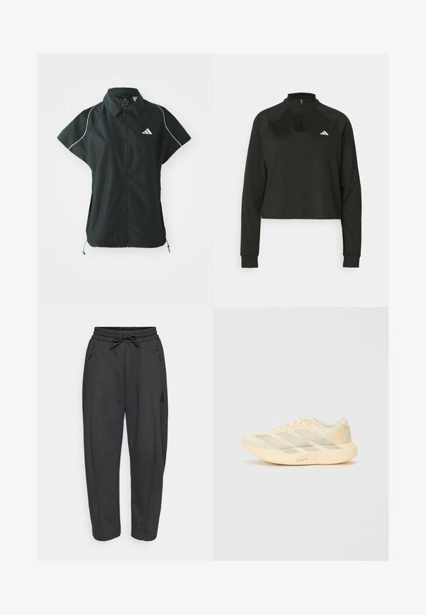 adidas Sportswear STADIUM COVER - Bodywarmer - black/off-white; Zwarte quarter-zip pullover van gladde stof met lange mouwen, voorzien van een hoge kraag en een wit logo op de linkerborst.; Zwarte sportbroeken met een elastische tailleband, trekkoord, zijzakken met rits en taps toelopende benen. Gemaakt van een zachte, gestructureerde stof.; Lichtgewicht hardloopschoen in lichtgeel en roomwit, met een gestructureerde mesh bovenzijde, drie diagonale strepen en een dikke buitenzool met "LIGHTSTRIKE PRO" detail.