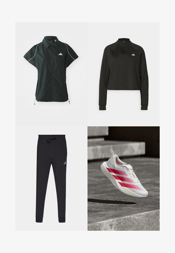 adidas Sportswear STADIUM COVER - Vest - black/off-white; Must musta neljandikinnisega pullover, mis on valmistatud siledast kangast, pikkade varrukate ja kõrge kaelusega, vasakul rinnal on valge logo.; Mustad mustad spordipüksid pehmest kangast, millel on nööriga vöökoht, kitsenevad jalad ja väike valge Adidas'i logo vasakul reiele.; Valge jooksujalanõu, millel on kolm julget punast triipu, keset õhku betoonastmete kohal, mis näitab kerget disaini ja tekstureeritud tallaga.