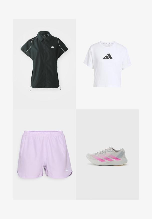 adidas Sportswear STADIUM COVER - Vest - black/off-white; Hvid cropped t-shirt lavet af bomuld med et sort tre-stribet logo på forsiden, med korte ærmer og rund halsudskæring.; Lavendel sportshorts med elastisk talje, fugtabsorberende materiale og et lille hvidt logo nederst til højre.; Lysegrå løbesko med pink gradientstriber, rund tå, tekstureret overdel og flad sål med diskrete accenter og logodetaljer.
