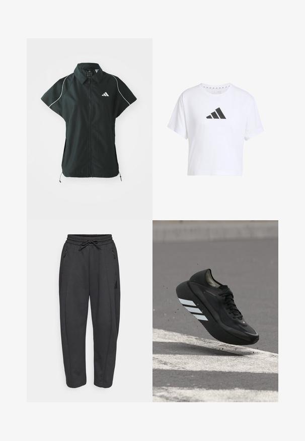 adidas Sportswear STADIUM COVER - Veste sans manches - black/off-white; T-shirt blanche cropped en coton avec un logo noir à trois bandes sur le devant, présentant des manches courtes et un col rond.; Pantalons de sport noirs avec une taille élastique, cordon de serrage, poches zippées sur les côtés et jambes fuselées. Fabriqués en tissu doux et texturé.; Chaussure de course noire avec des bandes blanches sur la semelle, flottant au-dessus de l'asphalte avec des marquages routiers blancs, soulevant de petits débris.
