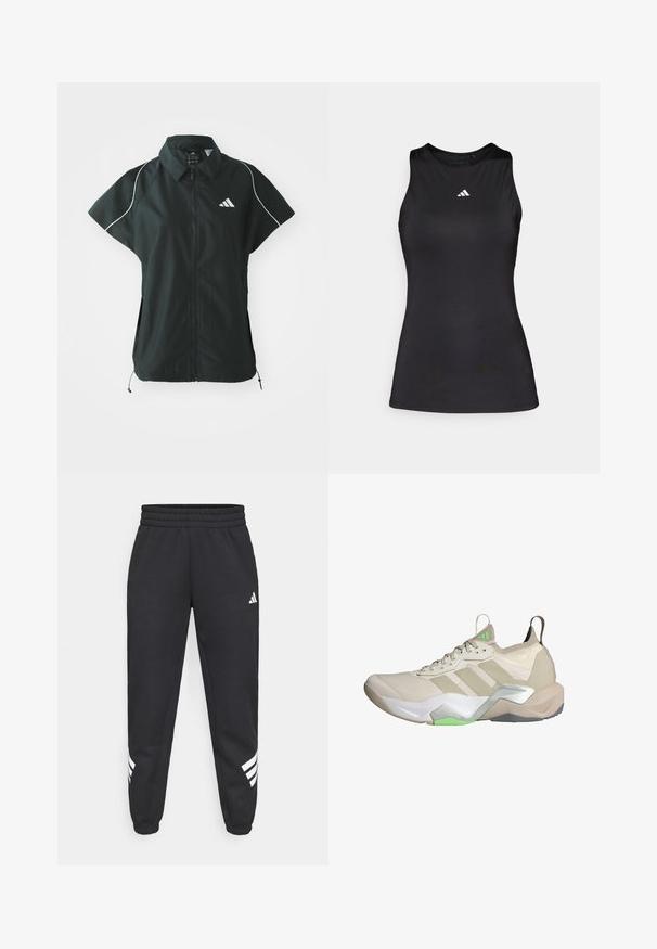 adidas Sportswear STADIUM COVER - Veste sans manches - black/off-white; Débardeur de sport noir sans manches en tissu lisse. Il présente un col rond et un petit logo Adidas blanc sur la poitrine.; Pantalon de survêtement noir avec une taille élastique, des jambes fuselées et un design à trois bandes blanches sur les côtés. Fabriqué dans un tissu doux.; Baskets de sport beiges avec tige en mesh, trois rayures blanches, accents verts et semelle texturée. Comprend une languette au talon et un amorti léger.