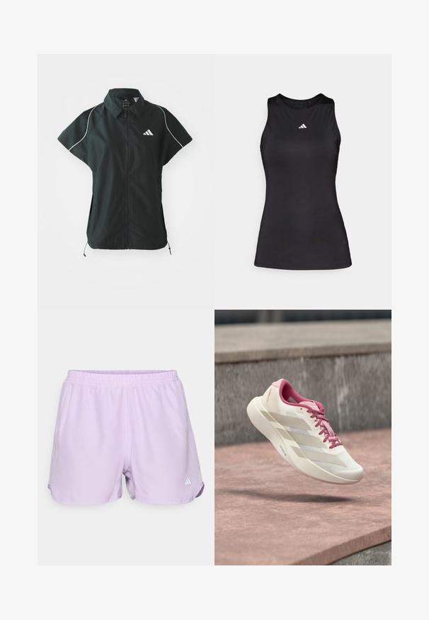 adidas Sportswear STADIUM COVER - Vest - black/off-white; Sort ærmeløs atletisk top lavet af glat stof. Har en rund halsudskæring og et lille hvidt Adidas-logo på brystet.; Lavendel sportshorts med elastisk talje, fugtabsorberende materiale og et lille hvidt logo nederst til højre.; Lys beige og lyserød løbesko med polstret sål, lyserøde snører og tre beige striber svævende over en stenet overflade.