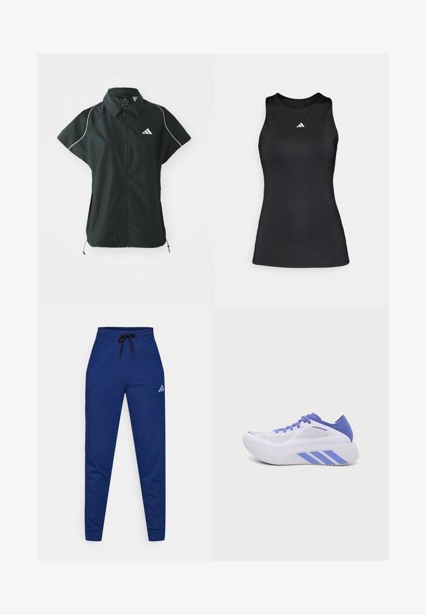 adidas Sportswear STADIUM COVER - Γιλέκο - black/off-white; Μαύρο αθλητικό τοπ χωρίς μανίκια, φτιαγμένο από λεία ύφασμα. Διαθέτει στρογγυλή λαιμόκοψη και ένα μικρό λευκό λογότυπο Adidas στο στήθος.; Μπλε βαμβακερές φόρμες με ελαστική μέση, ρυθμιζόμενο μαύρο κορδόνι και ένα μικρό λευκό λογότυπο στον αριστερό μηρό. Στενή εφαρμογή.; Λευκό και μπλε αθλητικό παπούτσι με χοντρή σόλα, πάνελ από δίχτυ, και τρεις μπλε ρίγες στο πλάι, εμφανίζεται σε προφίλ σε απλό φόντο.
