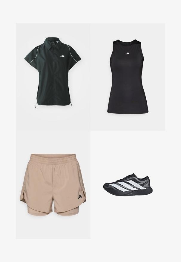 adidas Sportswear STADIUM COVER - Vesta - black/off-white; Čierny bezrúškový športový top z hladkej látky. Disponuje okrúhlym výstrihom a malým bielym logom Adidas na hrudi.; Béžové športové šortky s pásom, s bočnými rozparkami a vnútornými šortkami. Čierne logo Adidas na spodnej ľavej strane. Hladká textúra látky.; Čierno-sivá bežecká obuv s tromi veľkými bielymi pruhmi na boku a hrubou čiernou podrážkou označenou "Lightstrike Pro".