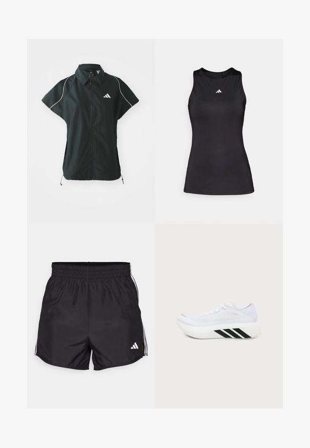 adidas Sportswear STADIUM COVER - Vest - black/off-white; Sort ærmeløs atletisk top lavet af glat stof. Har en rund halsudskæring og et lille hvidt Adidas-logo på brystet.; Sort atletiske shorts med elastisk talje, sideslids og hvide tre-stribes detaljer. Har et lille hvidt logo nederst til højre.; Hvid atletiksko med tyk sål, sorte diagonale striber på mellemsålen, mesh overdel og snørebånd, vist fra siden mod en ensfarvet baggrund.