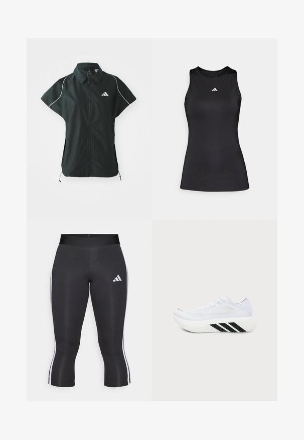 adidas Sportswear STADIUM COVER - Vest - black/off-white; Sort ærmeløs atletisk top lavet af glat stof. Har en rund halsudskæring og et lille hvidt Adidas-logo på brystet.; Sorte capri leggings med en bred talje, udstyret med hvide sideløsninger og et hvidt Adidas-logo på venstre lår. Glat tekstur.; Hvid atletiksko med tyk sål, sorte diagonale striber på mellemsålen, mesh overdel og snørebånd, vist fra siden mod en ensfarvet baggrund.