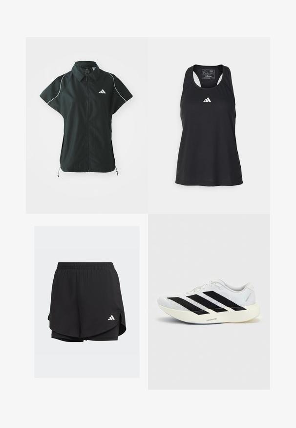 adidas Sportswear STADIUM COVER - Vest - black/off-white; Sort ærmeløs atletisk tanktop med rund halsudskæring og hvidt logo på brystet. Fremstillet af et glat, let materiale.; Sorte atletiske shorts med elastisk talje, lagdelt design, indvendige tætsiddende shorts og et hvidt logo på nederste venstre side.; Hvid løbesko med sort tre-stribet design på siden og tyk hvid sål mærket "Lightstrike Pro" på ensfarvet baggrund.