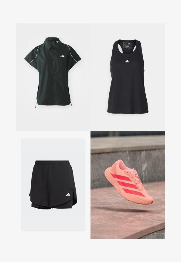 adidas Sportswear STADIUM COVER - Veste sans manches - black/off-white; Débardeur de sport noir sans manches avec un col rond et un logo blanc sur la poitrine. Fabriqué en tissu lisse et léger.; Shorts de sport noirs avec une taille élastique, un design superposé, des shorts ajustés à l'intérieur et un logo blanc en bas à gauche.; Chaussure de sport corail clair avec des rayures rouges vives et des lacets flottant au-dessus de marches en pierre dans un cadre extérieur.