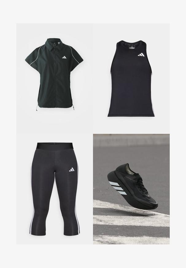 adidas Sportswear STADIUM COVER - Chaleco - black/off-white; Top atlético negro de corte ajustado, fabricado en un material sintético suave, con el logo blanco de Adidas y detalles en los lados.; Leggings capri negros con una cinturilla ancha, que cuentan con franjas laterales blancas y un logo de Adidas en blanco en el muslo izquierdo. Textura suave.; Zapatilla de correr negra con rayas blancas en la suela, suspendida sobre el asfalto con señalizaciones viales blancas, levantando pequeños escombros.