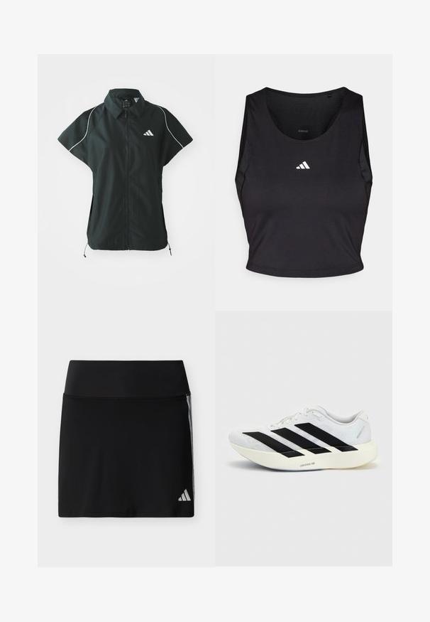 adidas Sportswear STADIUM COVER - Weste - black/off-white; Schwarzes Sport-Crop-Top aus feuchtigkeitsableitendem Material, mit rundem Halsausschnitt, ärmellosem Design und weißem Logo auf der Brust.; Schwarzer Sportrock mit breitem Bund, dezenten seitlichen Streifen und kleinem Adidas-Logo am unteren rechten Saum.; Weißer Laufschuh mit schwarzem Drei-Streifen-Design an der Seite und dicker weißer Sohle mit der Aufschrift "Lightstrike Pro" auf einfarbigem Hintergrund.