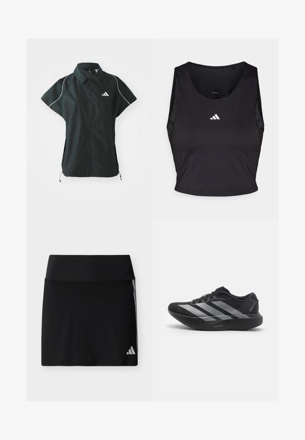 adidas Sportswear STADIUM COVER - Vesta - black/off-white; Čierny športový crop top vyrobený z látky odvádzajúcej vlhkosť, s okrúhlym výstrihom, bez rukávov a bielym logom na hrudníku.; Čierna športová sukňa s širokým pásom, jemnými bočnými pruhmi a malým logom Adidas na dolnom pravom okraji.; Čierne bežecké topánky so striebornými pruhmi, s hrubou polstrovanou podrážkou označenou "Lightstrike Pro," bočný pohľad na bielom pozadí.
