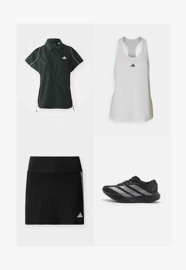 adidas Sportswear STADIUM COVER - Vesta - black/off-white; Biely športový tielko vyrobené z ľahkej tkaniny, so športovým strihom a malým čiernym logom na hrudi.; Čierna športová sukňa s širokým pásom, jemnými bočnými pruhmi a malým logom Adidas na dolnom pravom okraji.; Čierne bežecké topánky so striebornými pruhmi, s hrubou polstrovanou podrážkou označenou "Lightstrike Pro," bočný pohľad na bielom pozadí.