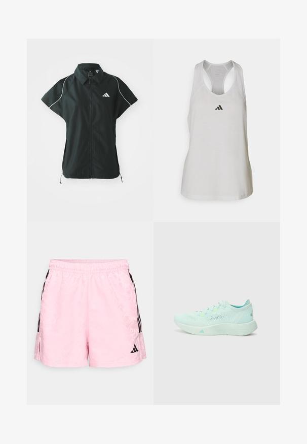 adidas Sportswear STADIUM COVER - Vest - black/off-white; Valge sportlik tank-top, mis on valmistatud kergest kangast, millel on jooksjakraega disain ja väike must logo rinna kohal.; adidas Sportswear TIRO - Spordišortsid - true pink/black; Heledsinine jooksutoss, millel on võrgust ülemine osa, tekstureeritud tald ja pehmendatud kaelus. Omaduseks neoonaktsendid ja voolujooneline disain.