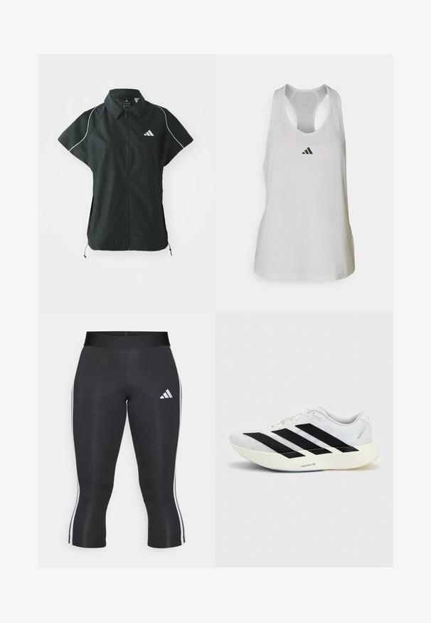 adidas Sportswear STADIUM COVER - Veste sans manches - black/off-white; Débardeur de sport blanc en tissu léger avec un dos nageur et un petit logo noir sur la poitrine.; Leggings capri noirs avec une large taille, présentant des rayures blanches sur les côtés et un logo Adidas blanc sur la cuisse gauche. Texture lisse.; Chaussure de running blanche avec motif trois bandes noires sur le côté et semelle blanche épaisse étiquetée "Lightstrike Pro" sur fond uni.