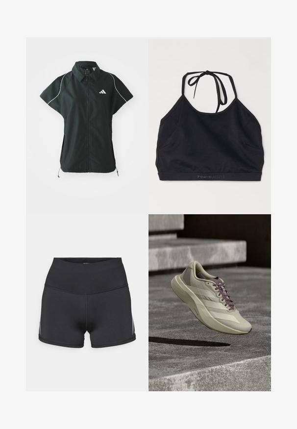 adidas Sportswear STADIUM COVER - Vest - black/off-white; Sort atletisk crop top lavet af strækbart stof. Har et bindebånd bagpå, en rund halsudskæring og et diskret logo langs kanten.; Sorte atletikshorts med højt taljebånd, lavet af strækstof. Har hvide sidelommer og flatlock-sømme for komfort.; Beige atletiksko med tekstureret mesh-overdel, hvide striber og lilla accenter. Letvægtsdesign og afrundet tå for forbedret ydeevne.