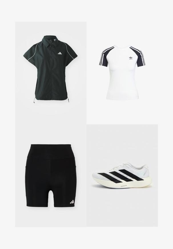 adidas Sportswear STADIUM COVER - Veste sans manches - black/off-white; T-shirt blanc à manches courtes avec des manches raglan noires. Présente trois bandes noires sur les épaules et un petit logo Adidas noir sur la poitrine.; Short de sport noir taille haute avec un petit logo Adidas blanc sur la partie inférieure gauche de la jambe et des poches latérales sur un fond uni.; Chaussure de course blanche avec trois bandes noires sur le côté, semelle coussinée étiquetée Lightstrike Pro et design à lacets.