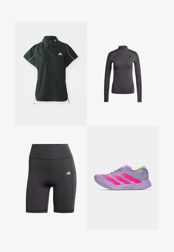 adidas Sportswear STADIUM COVER - Vest - black/off-white; Grå langærmet top med høj krave, der har tekstureret stof og sorte accentstriber på skuldrene, med et Adidas-logo på brystet.; Sorte atletiske shorts lavet af strækbart materiale, med høj talje, flade sømme og et hvidt logo på venstre hofte.; Lavendelfarvet løbesko med lav profil og tre markante lyserøde striber og "Lightstrike Pro" sål, sideudsigt på en ensartet hvid baggrund.