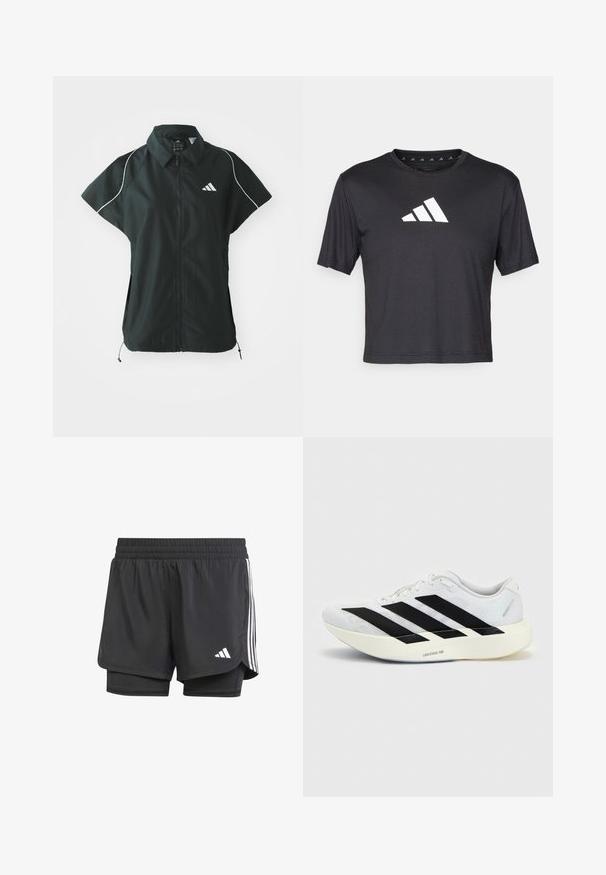 adidas Sportswear STADIUM COVER - Vest - black/off-white; Sort cropped t-shirt lavet af glat stof, prydet med et hvidt Adidas-logo på brystet, rund halsudskæring og korte ærmer.; Sorte atletiske shorts med indre lag, elastisk talje og hvide tre striber på siderne, der har et lille hvidt logo. Glat tekstur.; Hvid løbesko med sort tre-stribet design på siden og tyk hvid sål mærket "Lightstrike Pro" på ensfarvet baggrund.